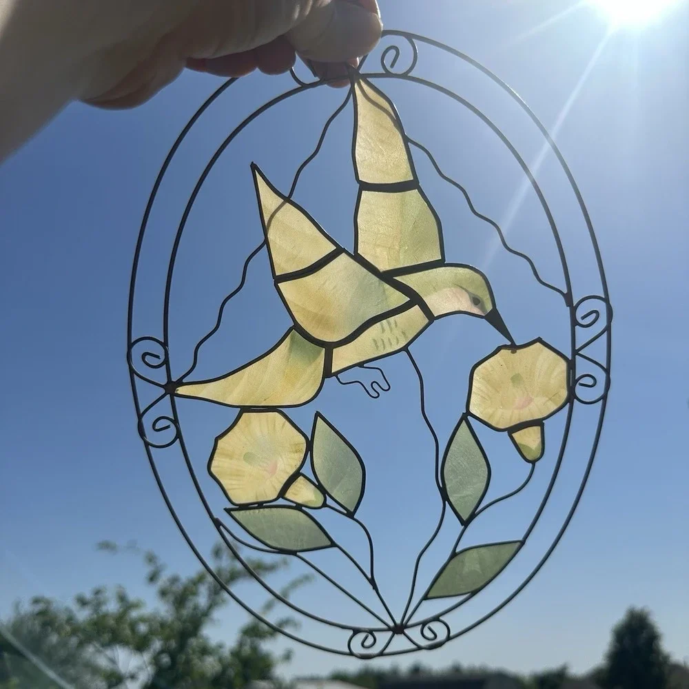 Capiz Shell Sun Catcher Hanging Hummingbird & Flower Ornament Copper Brass wire